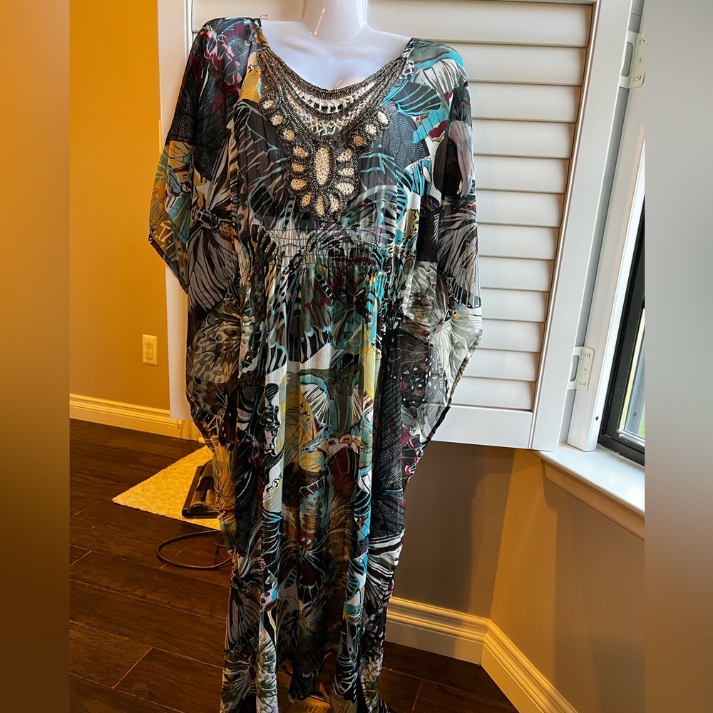 Tropical Print Swim Cover Up Dress with Beaded Neckline